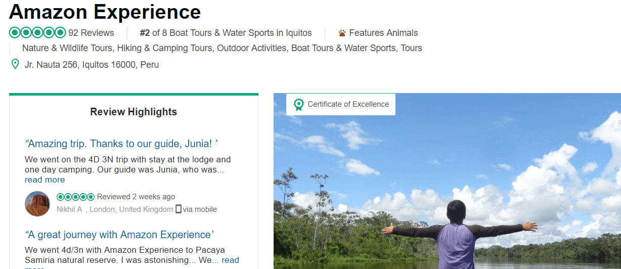 Amazon Experience receives Certificate of excellence from Tripadvisor 2018. Iquitos, Peru.