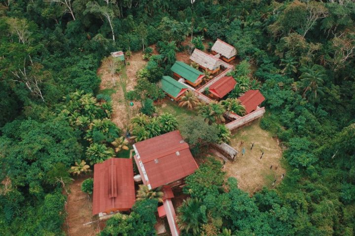 Drone picture of Amazon river lodge deep in the tropical jungle